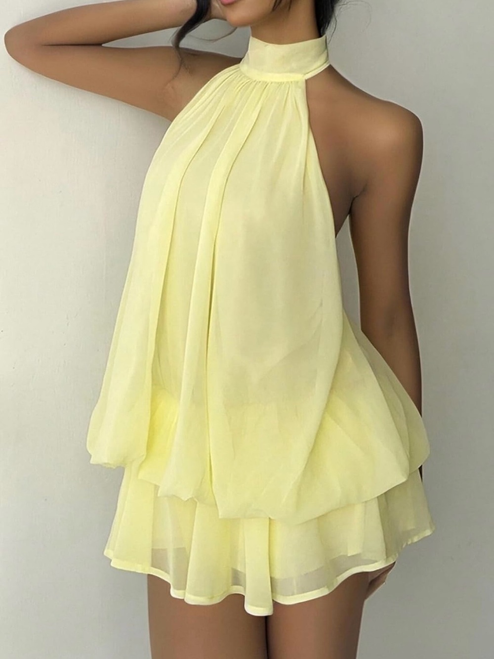 Amazon Women's One-Shoulder Pale Yellow Chiffon Mini Dress